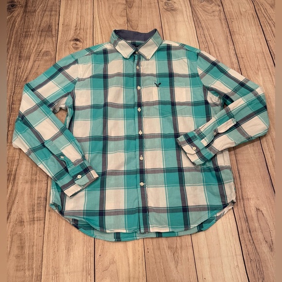 American Eagle Outfitters Teal and White Plaid Classic fit Shirt/size L - Picture 3 of 10